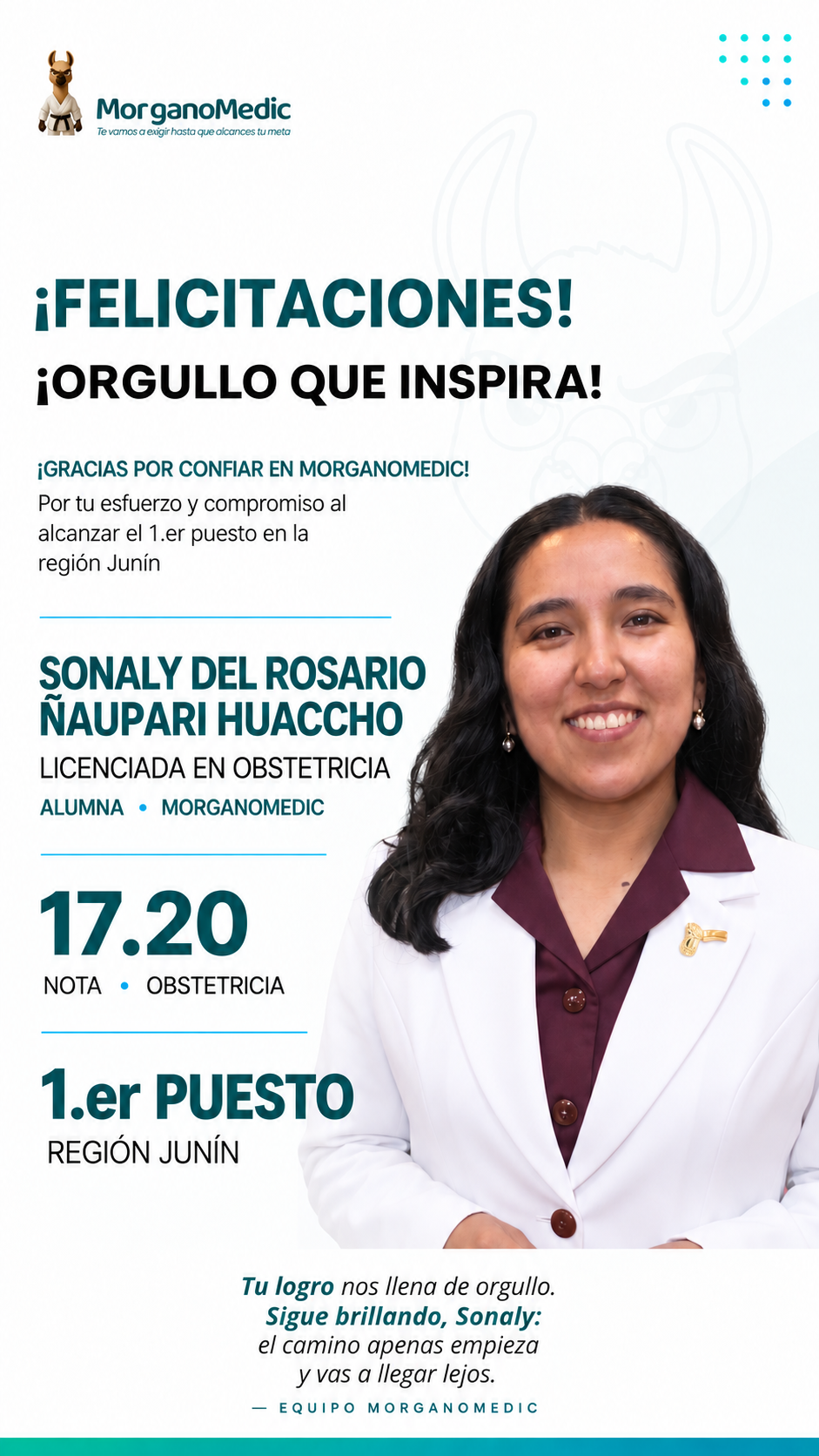 Sonaly del Rosario Ñaupari Huaccho — 1.er puesto regional Junín en el SERUMS 2026-II, nota 17.20, Obstetricia.