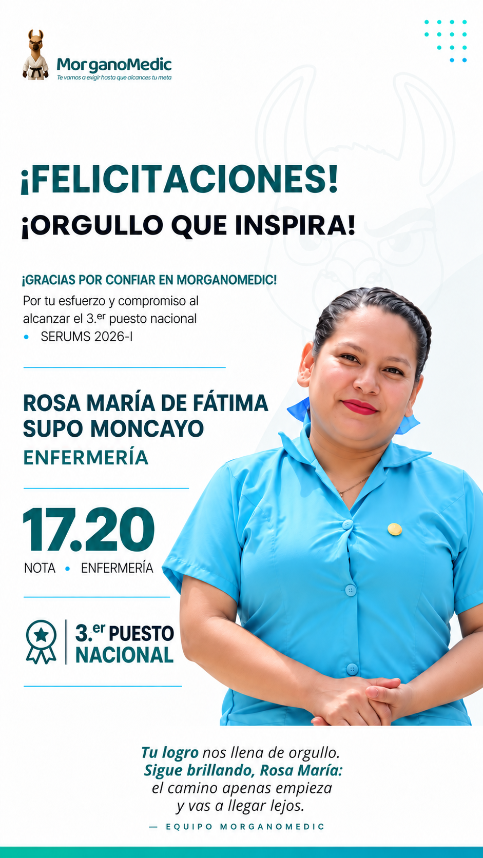 Rosa María de Fátima Supo Moncayo — 3.er puesto nacional en el SERUMS 2026-II, nota 17.20, Enfermería.
