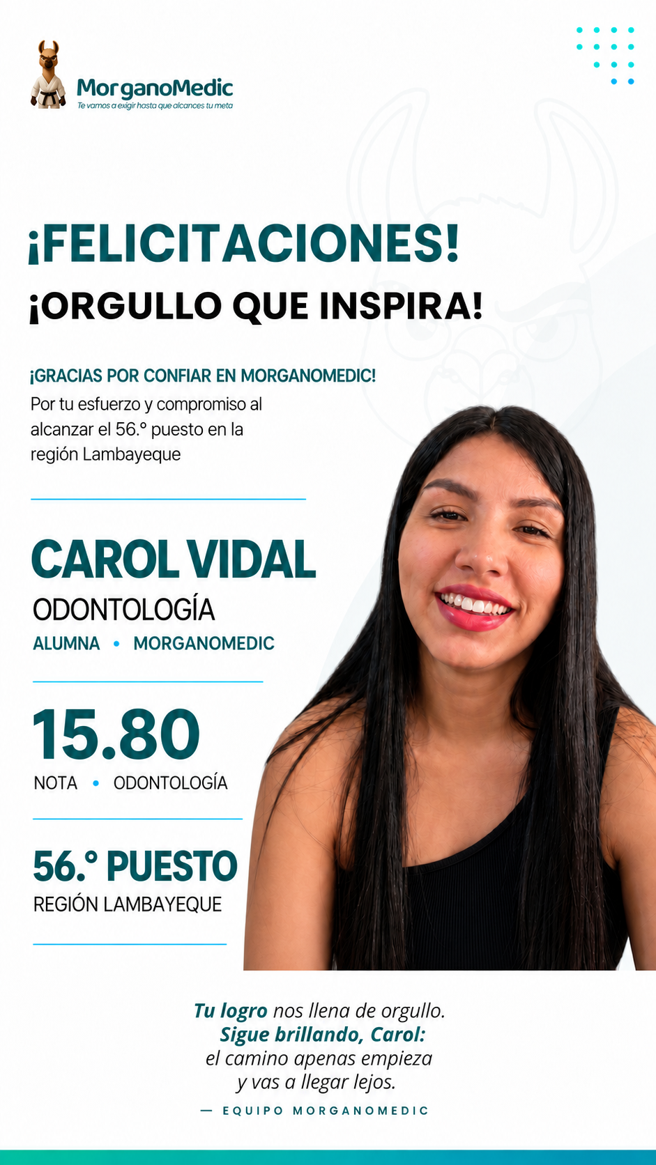 Carol Vidal — 56.º puesto regional Lambayeque en el SERUMS 2026-II, nota 15.80, Odontología.