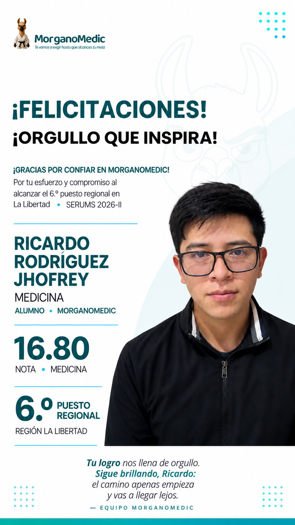 Ricardo Rodríguez Jhofrey — 6.º puesto regional La Libertad en el SERUMS 2026-II, nota 16.80, Medicina.