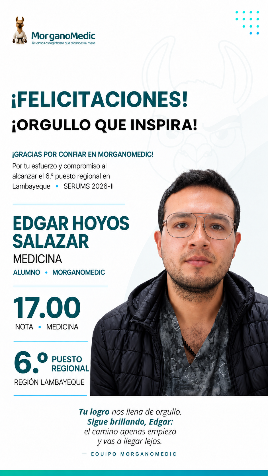 Edgar Hoyos Salazar — 6.º puesto regional Lambayeque en el SERUMS 2026-II, nota 17.00, Medicina.