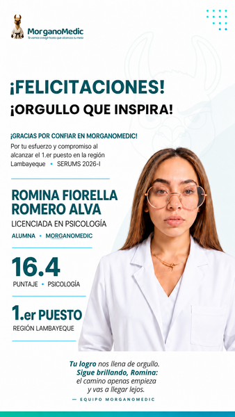 Romina Fiorella Romero Alva — 1.er puesto Lambayeque en el SERUMS 2026-I, puntaje 16.4, Psicología.