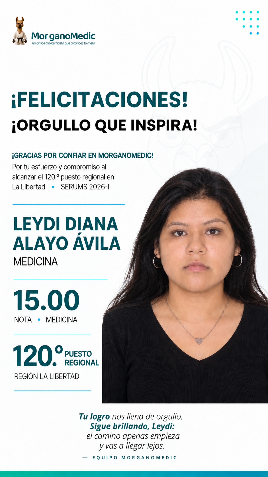 Leydi Diana Alayo Ávila — 120.º puesto regional La Libertad en el SERUMS 2026-I, nota 15.00, Medicina.