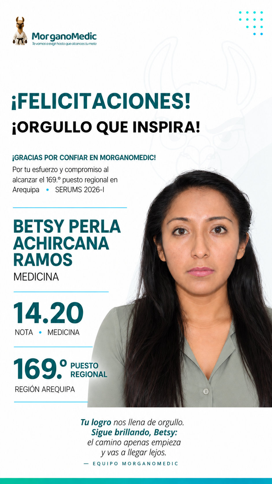 Betsy Perla Achircana Ramos — 169.º puesto regional Arequipa en el SERUMS 2026-I, nota 14.20, Medicina.