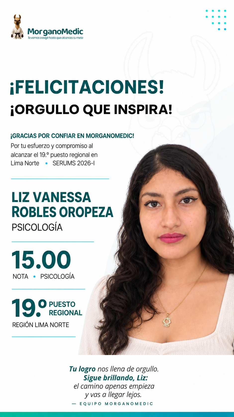 Liz Vanessa Robles Oropeza — 19.º puesto regional Lima Norte en el SERUMS 2026-I, nota 15.00, Psicología.