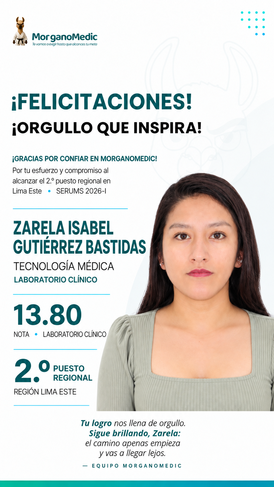 Zarela Isabel Gutiérrez Bastidas — 2.º puesto regional Lima Este en el SERUMS 2026-I, nota 13.80, Tecnología Médica en Laboratorio Clínico.