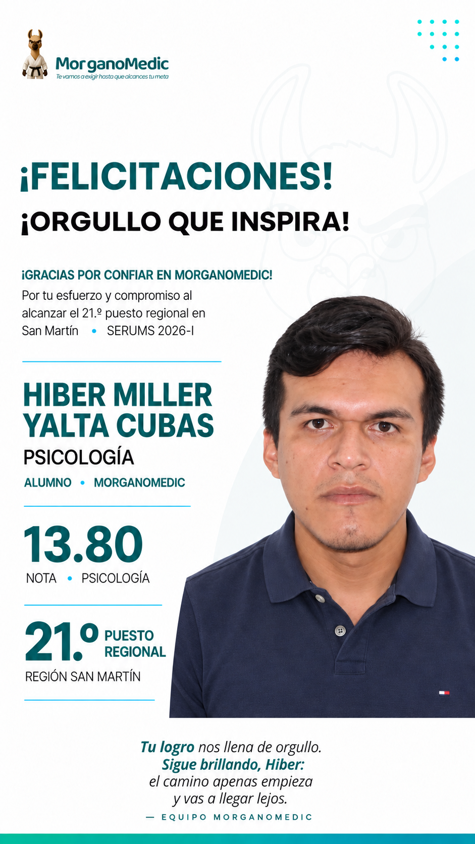 Hiber Miller Yalta Cubas — 21.º puesto regional San Martín en el SERUMS 2026-I, nota 13.80, Psicología.