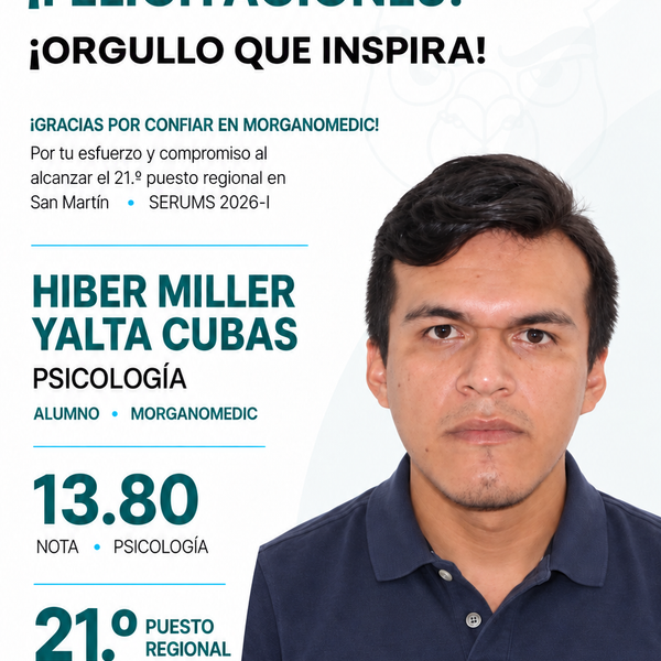 Hiber Miller Yalta Cubas — 21.º puesto regional San Martín en el SERUMS 2026-I, nota 13.80, Psicología.
