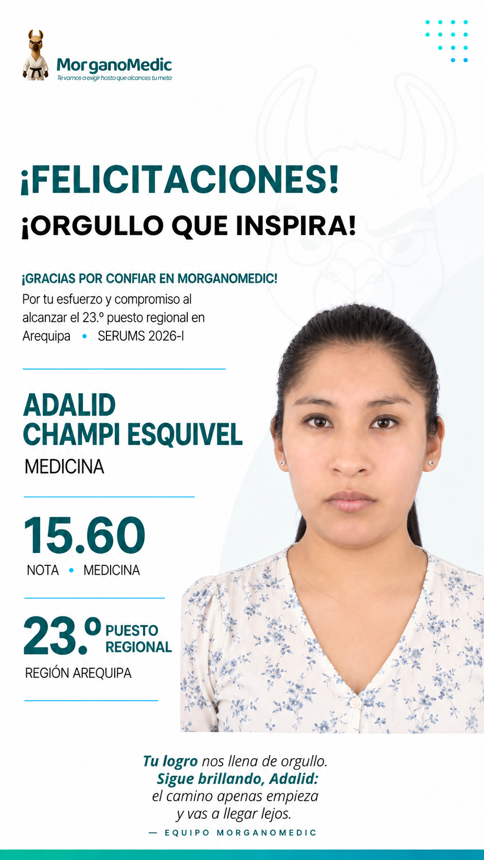 Adalid Champi Esquivel — 23.º puesto regional Arequipa en el SERUMS 2026-I, nota 15.60, Medicina.