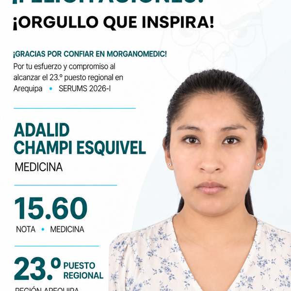 Adalid Champi Esquivel — 23.º puesto regional Arequipa en el SERUMS 2026-I, nota 15.60, Medicina.