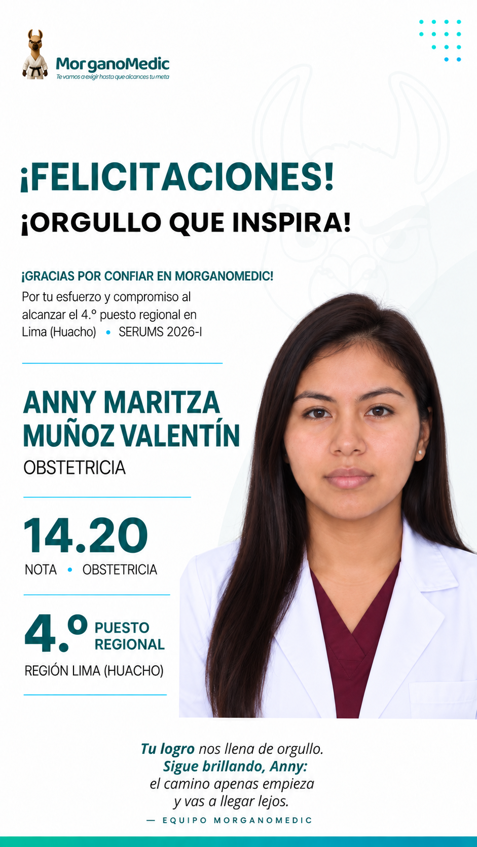 Anny Maritza Muñoz Valentín — 4.º puesto regional Lima (Huacho) en el SERUMS 2026-I, nota 14.20, Obstetricia.