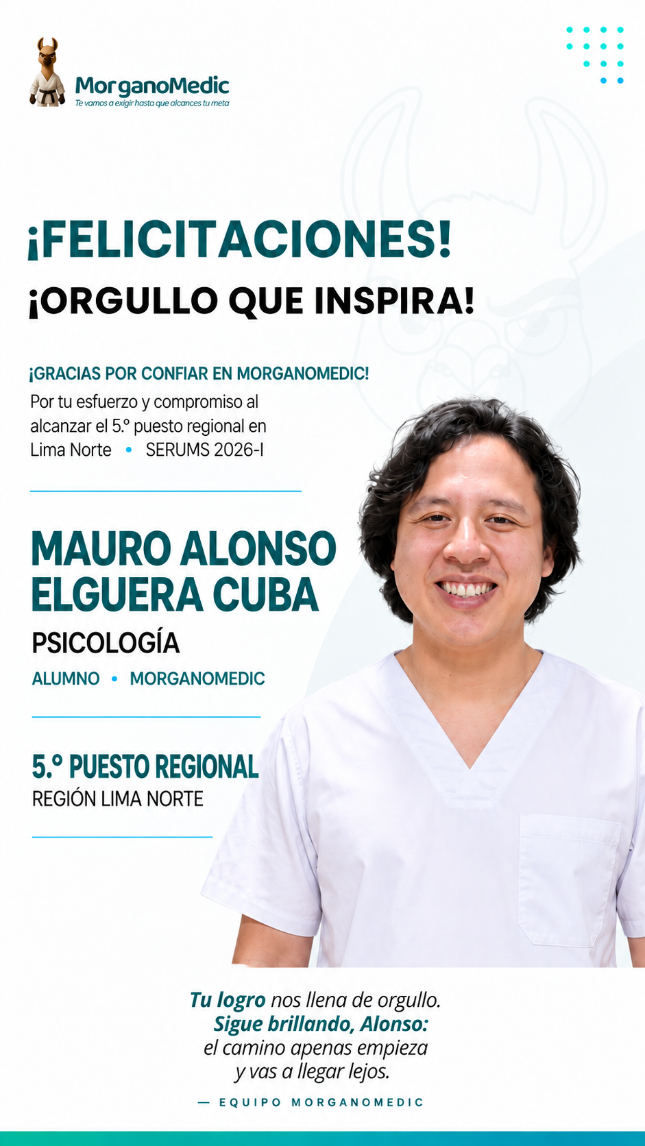 Mauro Alonso Elguera Cuba — 5.º puesto regional Lima Norte en el SERUMS 2026-I, Psicología.