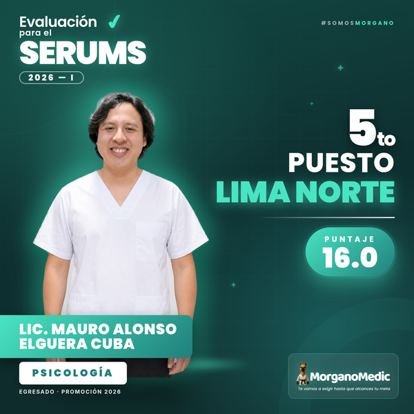Mauro Alonso Elguera Cuba — 5.º puesto Lima Norte en el SERUMS 2026-I, puntaje 16.0, Psicología.