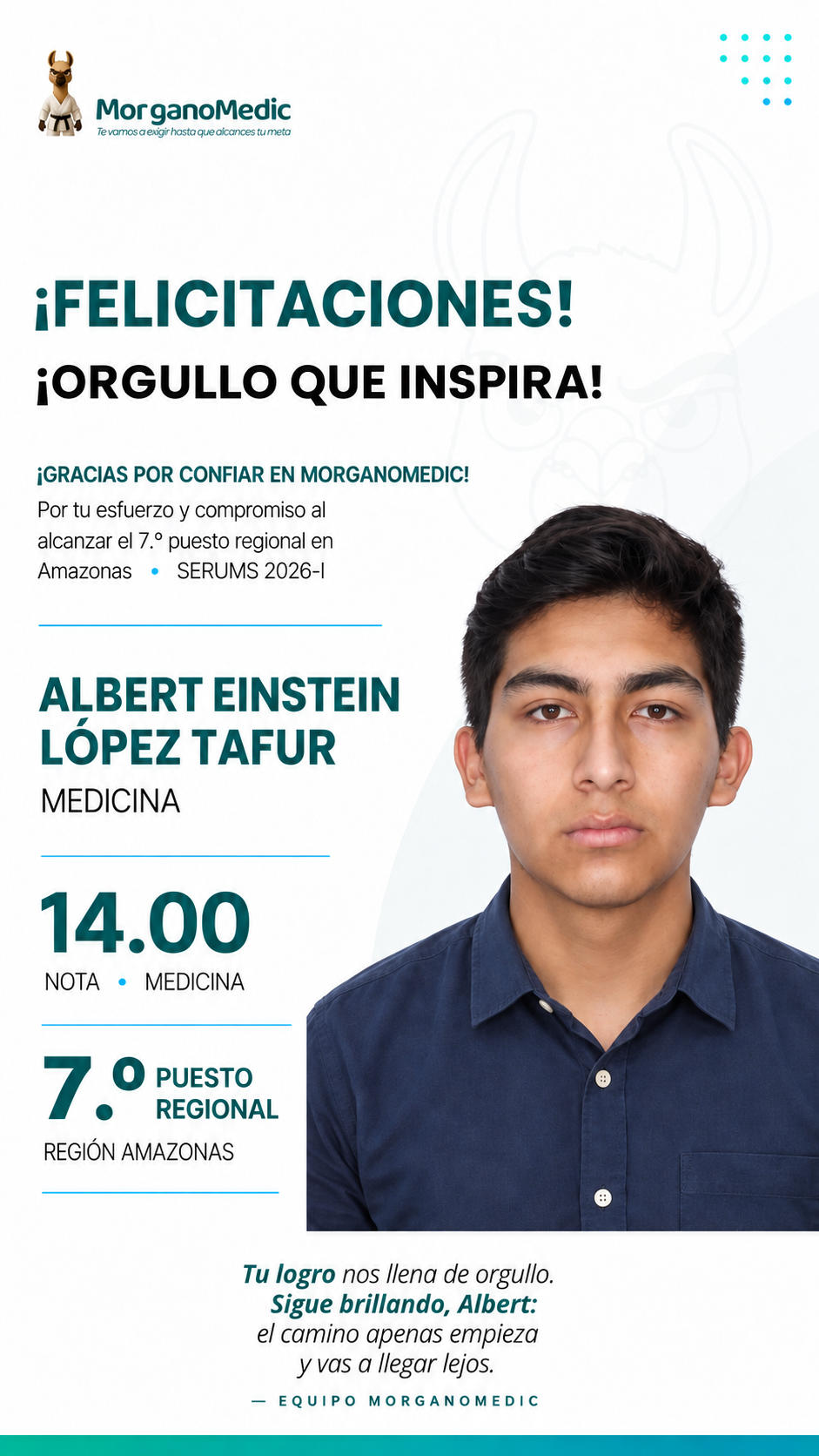 Albert Einstein López Tafur — 7.º puesto regional Amazonas en el SERUMS 2026-I, nota 14.00, Medicina.