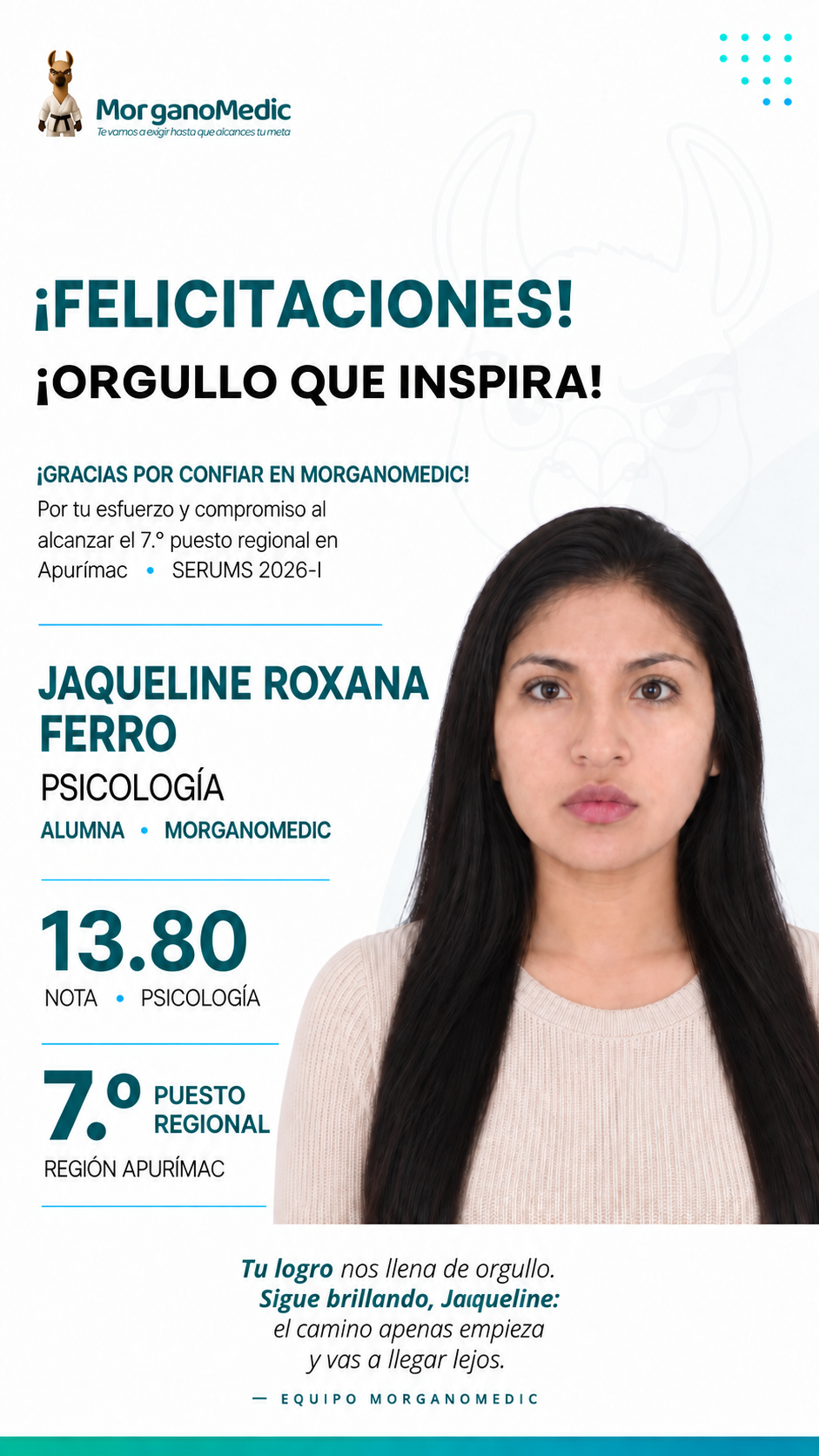 Jaqueline Roxana Ferro Ccayco — 7.º puesto regional Apurímac en el SERUMS 2026-I, nota 13.80, Psicología.