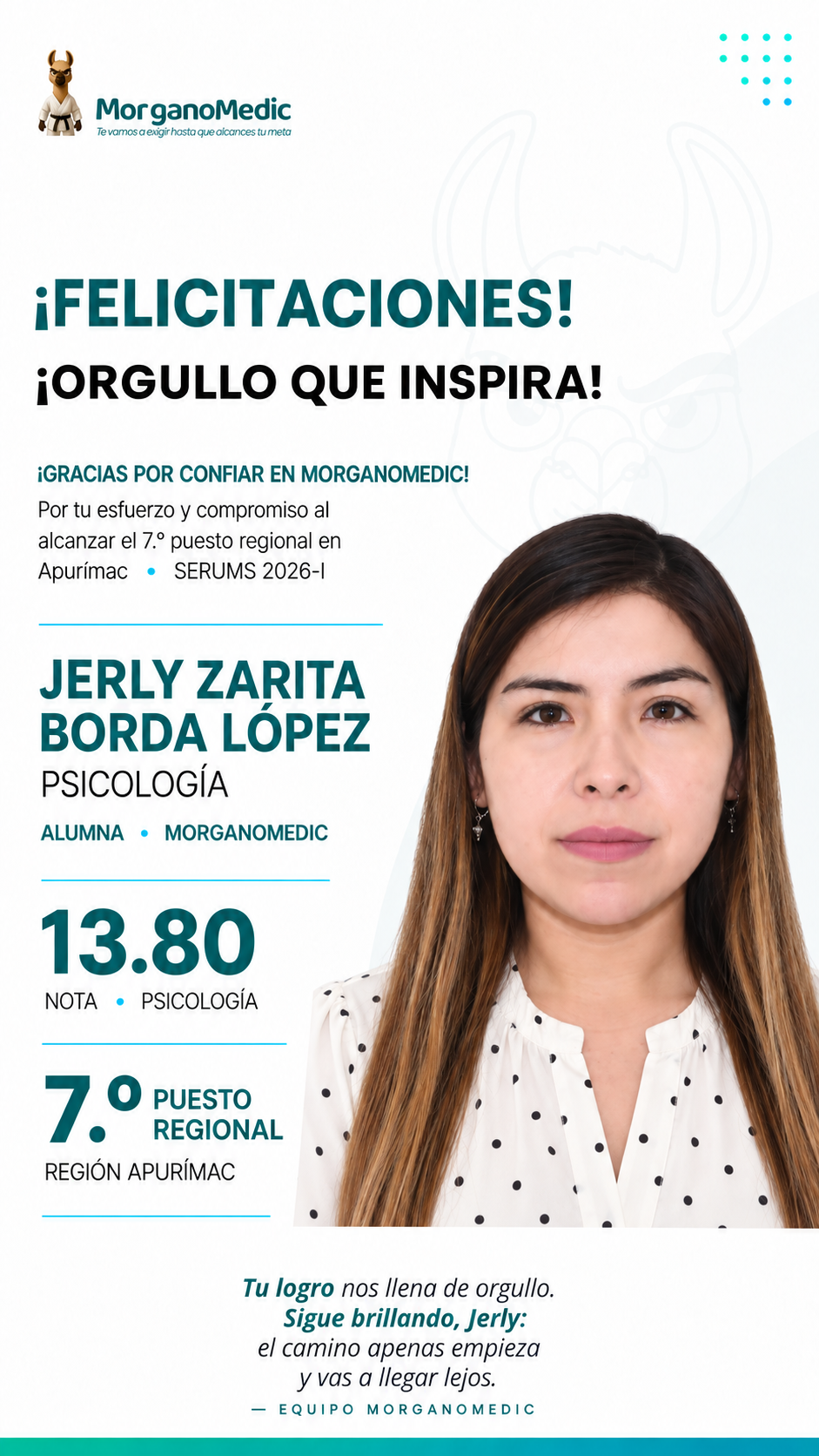 Jerly Zarita Borda López — 7.º puesto regional Apurímac en el SERUMS 2026-I, nota 13.80, Psicología.
