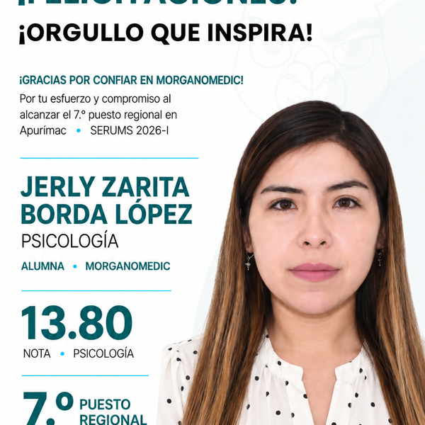 Jerly Zarita Borda López — 7.º puesto regional Apurímac en el SERUMS 2026-I, nota 13.80, Psicología.