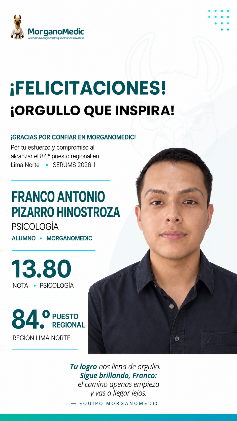 Franco Antonio Pizarro Hinostroza — 84.º puesto regional Lima Norte en el SERUMS 2026-I, nota 13.80, Psicología.