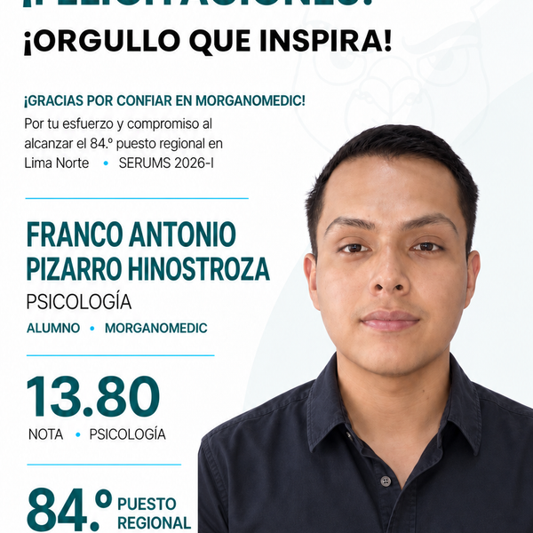 Franco Antonio Pizarro Hinostroza — 84.º puesto regional Lima Norte en el SERUMS 2026-I, nota 13.80, Psicología.